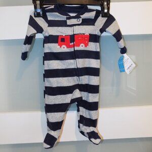 Carter's Blue/Gray Striped Firetruck 2 Way Zipper Footie Size Newborn Boy's New